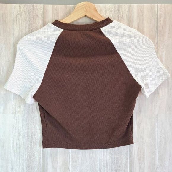 SHEIN Ribbed Crop Top Brown Mushroom Graphic Tee Short Sleeve Size Small - Picture 2 of 5